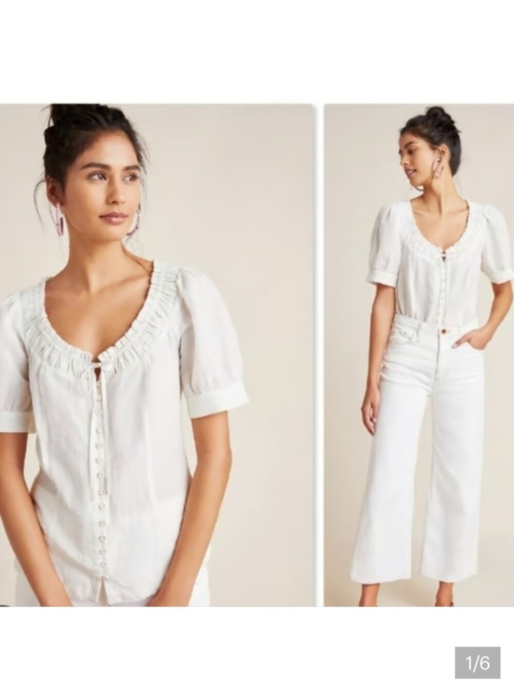 MAEVE ANTHROPOLOGIE Winifred Peasant Button Front White Linen Blend Top Size 4